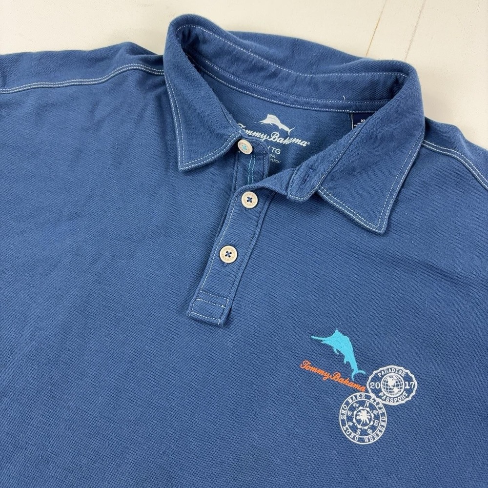 Tommy Bahama Polo Shirt Mens XL Blue Naples Florida Graphic Logo Short Sleeve